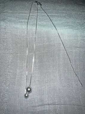 Elegant Double Pearl Drop Necklace - White on Sterling Silver Slide adj chain